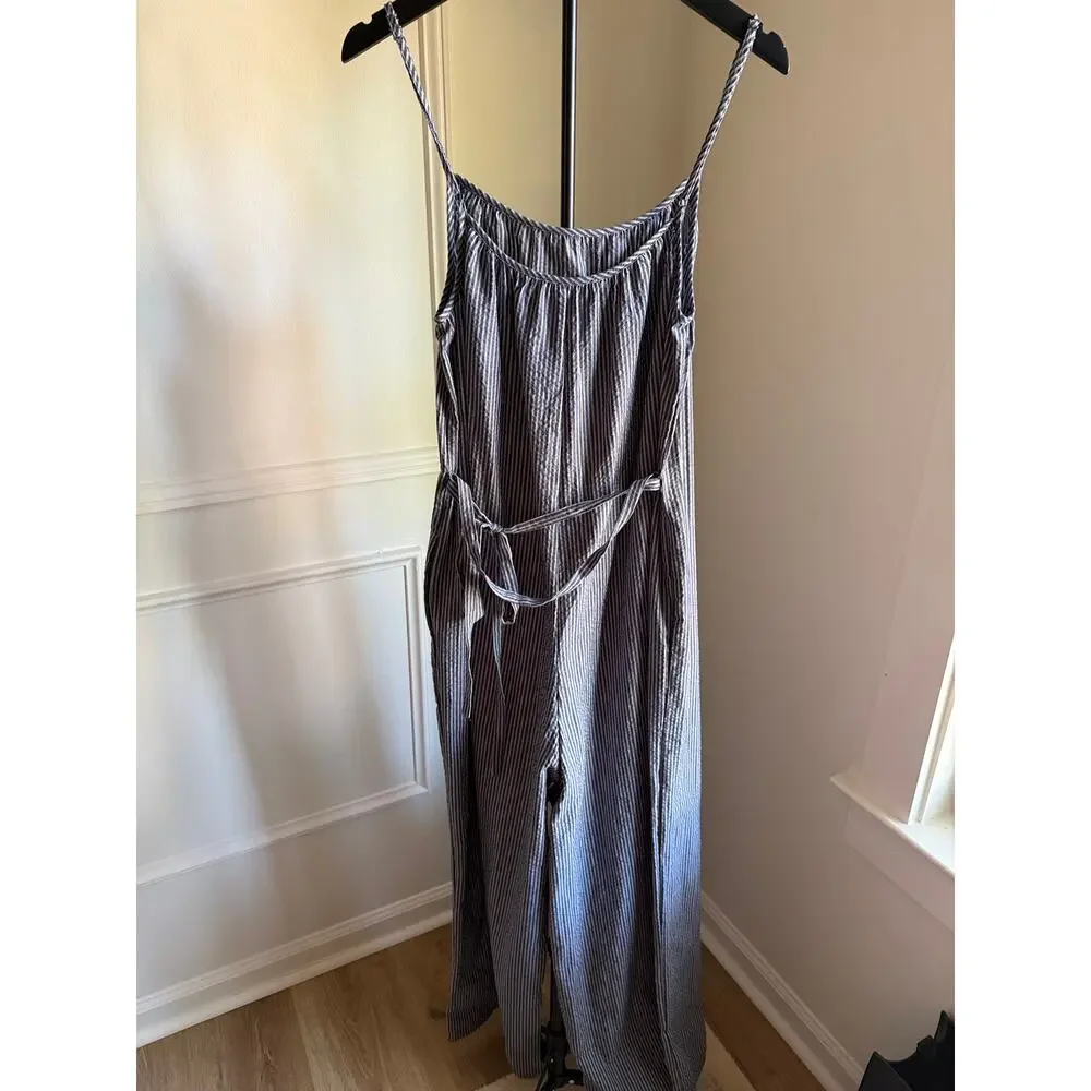 By Together Navy & White Seersucker Pinstripe Wide Leg Jumpsuit | Size Large - Picture 5 of 5